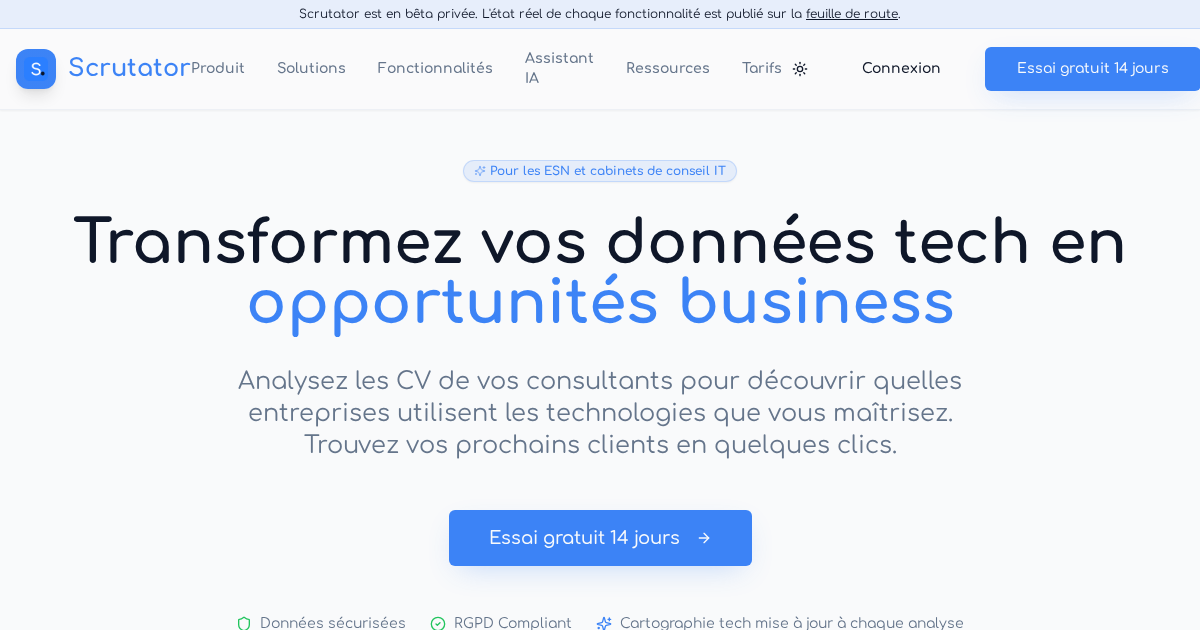 Scrutator — Intelligence technologique pour ESN, en bêta privée.